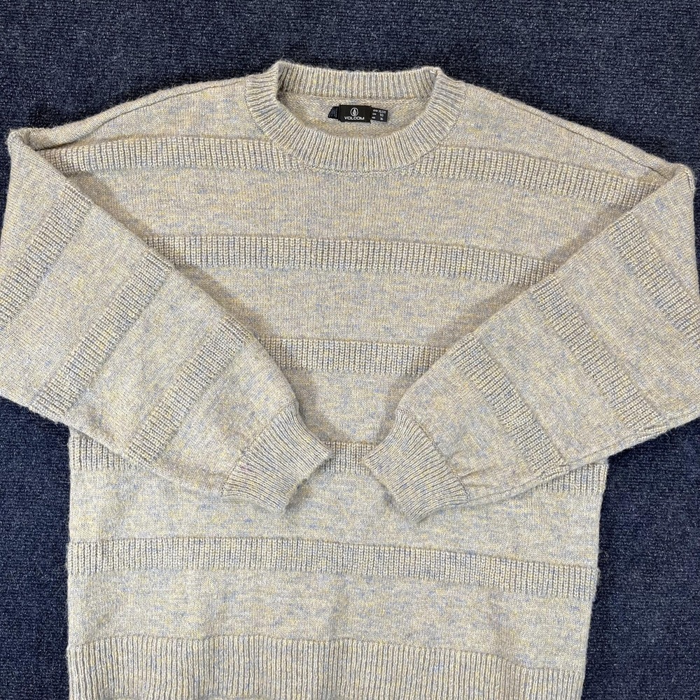 Volcom Sweater Womens XL Gray Blue Striped Knit Crewneck Pullover Soft Blend Y2K